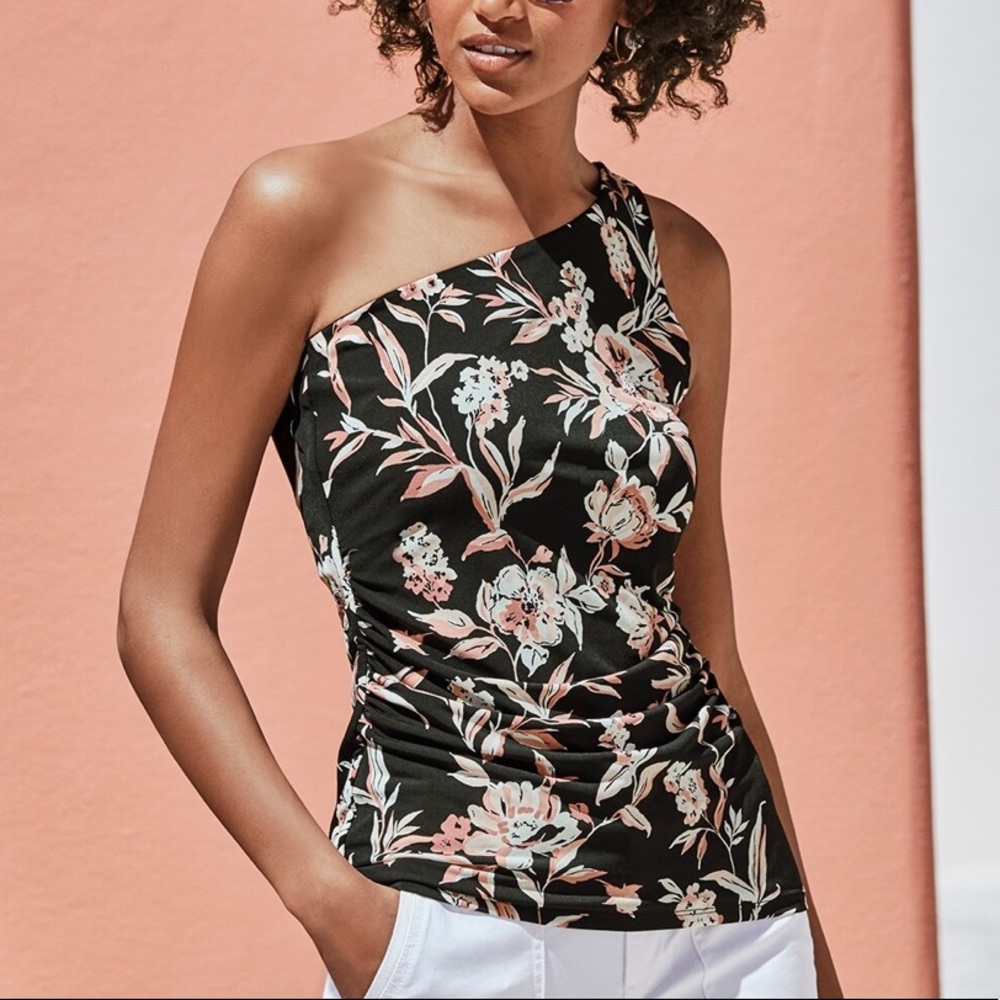 Ruched black and coral Floral One-Shoulder Top